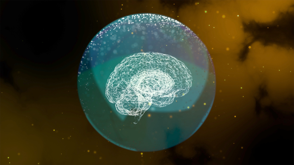 Artificial brain 3d model giving neuro impulses inside transparent sphere over misty space background.